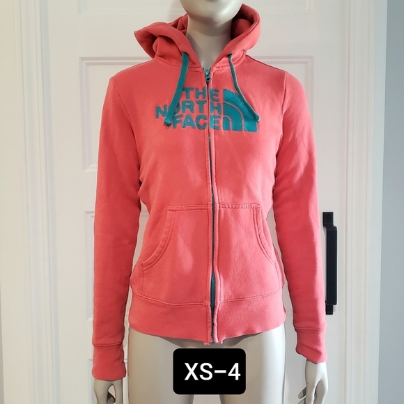 The North Face Womens XS 4 Embroidered Zip Hoodie Fleece Lined Coral Teal Jacket - Picture 2 of 15